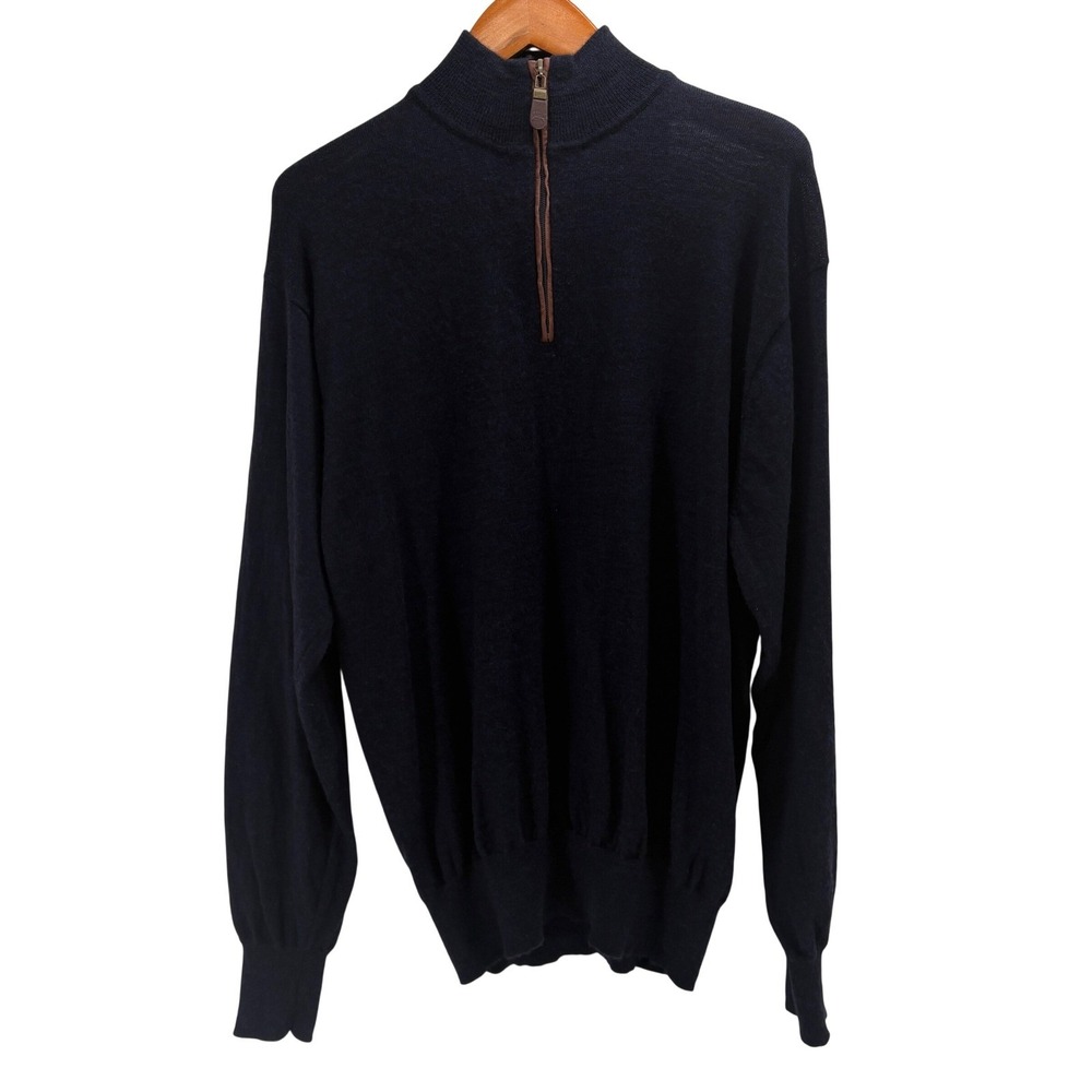 Orvis Mens Navy Blue Quarter Zip Pullover Sweater L Mock Neck 100% Merino Wool‎